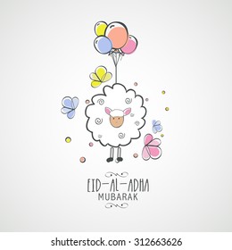 Illustration of sheep with colorful balloon on grey background for Islamic Festival of Sacrifice, Eid-Al-Adha celebration.