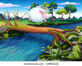 Illustration of a sheep crossing the river