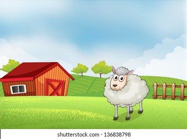 Illustration of a sheep in the farm with barn and wooden fence at the back