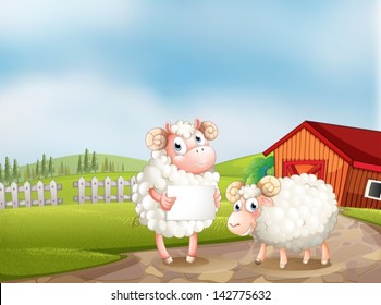 Illustration of a sheep at the farm holding an empty signboard