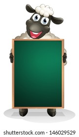 Illustration of a sheep holding an empty board on a white background 