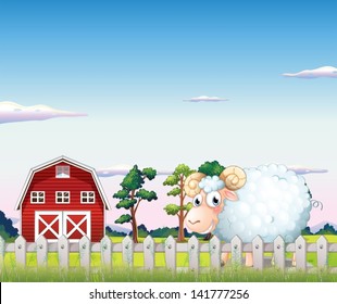 Illustration of a sheep inside the fence at the farm