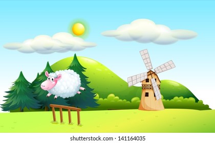 Illustration of a sheep jumping at the fence with a windmill at the back