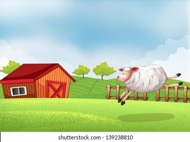 Illustration of a sheep jumping in front of a barn