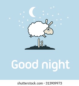 Illustration of Sheep jumping over the fence. Postcard elements concept.