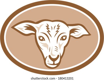Illustration of a sheep lamb head facing front set inside oval done in cartoon style on isolated background.