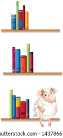 Illustration of a sheep in the library on a white background