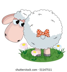 Illustration of sheep looking on the tail with bow on pasture