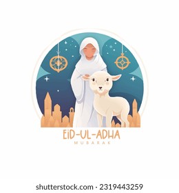 Illustration of sheep with Mosque and man and goat, Eid-Al-Adha celebration, Eid-Al-Adha Mubarak 