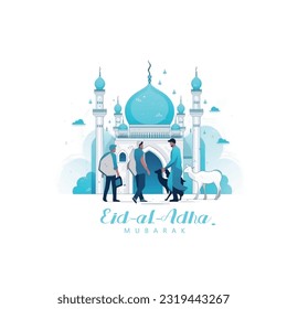 Illustration of sheep with Mosque and man and goat, Eid-Al-Adha celebration, Eid-Al-Adha Mubarak 