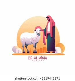 Illustration of sheep with Mosque and man and goat, Eid-Al-Adha celebration, Eid-Al-Adha Mubarak 