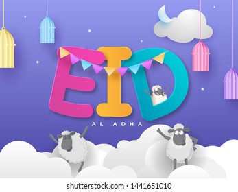 Illustration of sheep on decorated "Eid" text for Eid-Al-Adha party on purple color background. Paper cut poster or banner design.