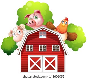 Illustration of a sheep, a pig and a chicken hiding at the back of a barn on a white background