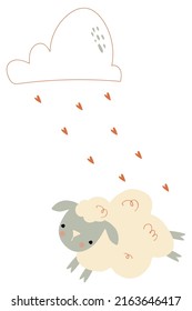 Illustration of a sheep running under a cloud with hearts, cartoon style 