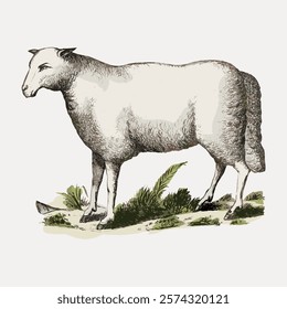 Illustration of a sheep standing on grass. The sheep has a fluffy wool coat. The sheep is depicted in a vintage style, showcasing its natural habitat. Vintage art drawing, isolated vector element.