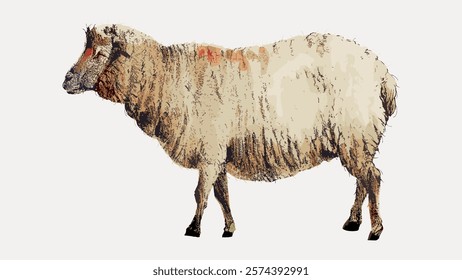 Illustration of a sheep with textured wool. The sheep stands alone, showcasing its wool. The wool texture is detailed, highlighting the sheep's natural look. Vintage style art, isolated vector.