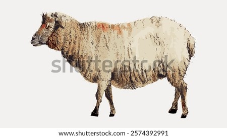 Illustration of a sheep with textured wool. The sheep stands alone, showcasing its wool. The wool texture is detailed, highlighting the sheep's natural look. Vintage style art, isolated vector.
