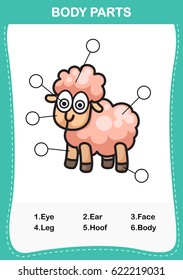 Illustration of sheep vocabulary part of body,Write the correct numbers of body parts.vector