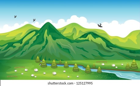 Illustration of sheeps, birds and a beautiful landscape