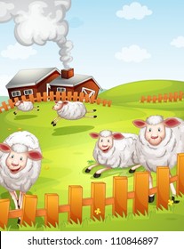 illustration of sheeps in the farm near the house