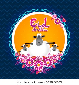 Illustration of Sheeps with flowers decorated frame, Vector greeting card design for Muslim Community, Festival of Sacrifice, Eid-Al-Adha Celebration.