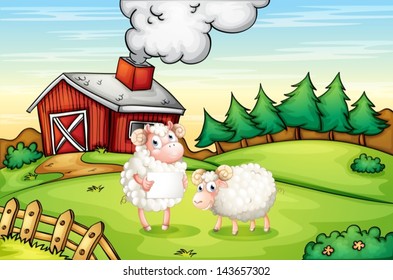 Illustration of the sheeps at the hills with an empty signboard