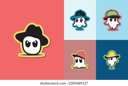 Illustration sheet of a Ghost using a hat in a colorful background