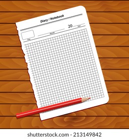 Illustration of sheet notebook diary on wooden background