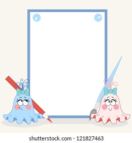 Illustration with a sheet paper for your inscription. School and office. Cute monsters girls. Pencil, brush, and buttons. Place for your text or list. Easy to change colors.