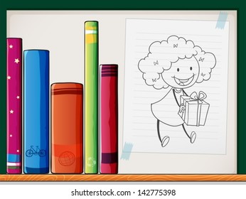 Illustration of a shelf with books and a paper with an image of a girl