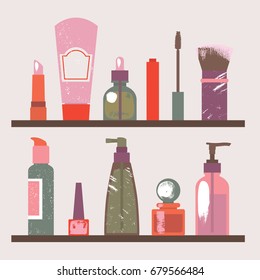 Illustration of a shelf with cosmetic items. Vector illustration