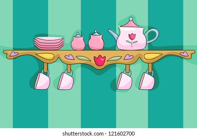 Illustration of a Shelf Holding a Pink Tea Set