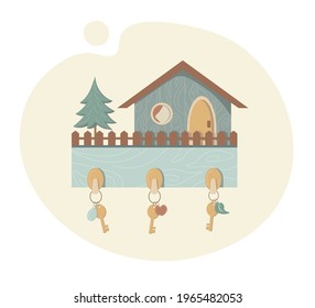 Ilustración de una estantería con llaves. Se puede usar en aplicaciones móviles y sitios web destinados a comprar una nueva casa