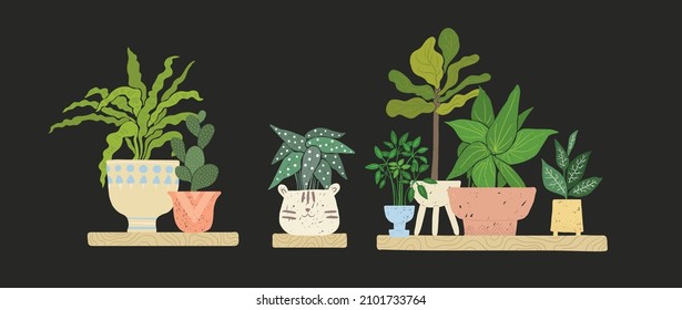 Illustration with shelf, plants in pots, house decoration. Cozy home illustration in a simple decorative style. Houseplant, potted plant, different plants. For prints, illustrations, web banners, card