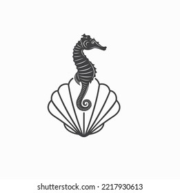 illustration of shell and seahorse, vector art.