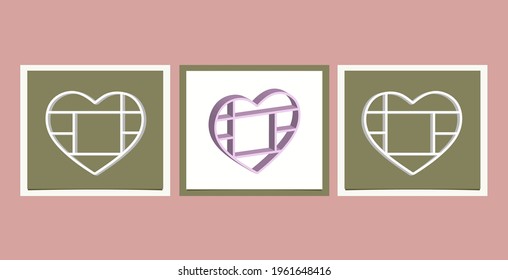 Illustration of shelves for flowers, toys, books in the shape of a heart. Shelf icons in white and pink for interior design