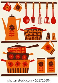 Illustration of shelves with kitchen utensils and dishware in retro style.