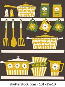 Illustration of shelves with kitchen utensils and dishware in retro style.