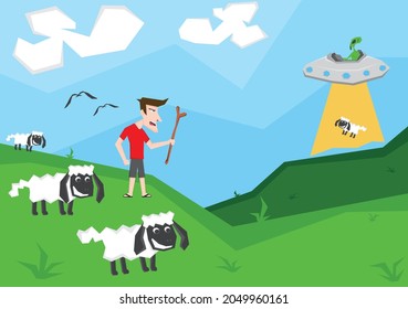 An illustration of a shepherd and his sheep in the green land and one of the sheep was stolen by alien