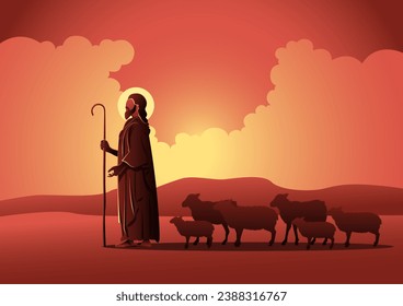 An illustration of Shepherd Jesus Christ leading the sheep. Biblical Series