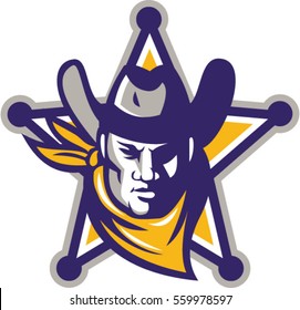 Illustration of a sheriff cowboy star badge viewed from front set on isolated white background done in retro style. 