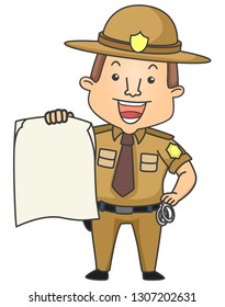 Illustration of a Sheriff Man Wearing Uniform an Holding a Blank Paper Board