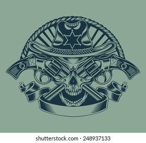 Illustration of Sheriff's skull with guns.