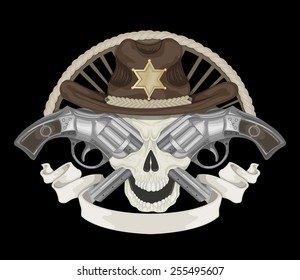 Illustration of Sheriff's skull with guns.