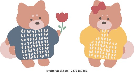 Illustration of a Shiba inu giving flowers