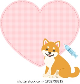 Illustration of Shiba Inu puppy and syringe icon with heart shaped frame (dog vaccination)