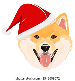 Illustration Shiba Inu with red Christmas hat 
