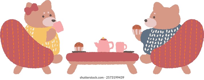 Illustration of a Shiba Inu sitting on a sofa and eating tea and sweets