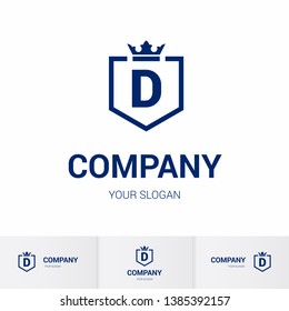 Illustration of Shield Badge-Shape with letter D in the Middle and Luxury Crown. Logo Icon Template for Web and Business Card, Letter Logo Template on White Background