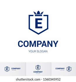 Illustration of Shield Badge-Shape with letter E in the Middle and Luxury Crown. Logo Icon Template for Web and Business Card, Letter Logo Template on White Background